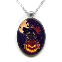 Halloween Jack O&#39;Lantern &amp; Black Cat Oval Pendant Necklace - New - £13.61 GBP