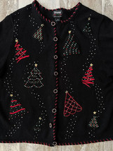 Vintage Studio FA LA LA Black Ugly Christmas Tree Beaded Button Up Sweat... - £14.94 GBP