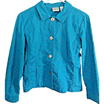 Chicos Denim Jacket Women S Teal Blue Floral Embroidery Button Cotton Stretch - £12.94 GBP