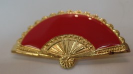 Unbranded Vintage Goldtone Red Enamel Fan Pin Brooch Apx 2&quot; L by 1&quot; T - £9.47 GBP