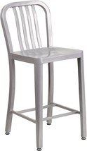Counter Height Stool With Vertical Slat Back In Silver Metal, Commercial Grade, - £124.04 GBP