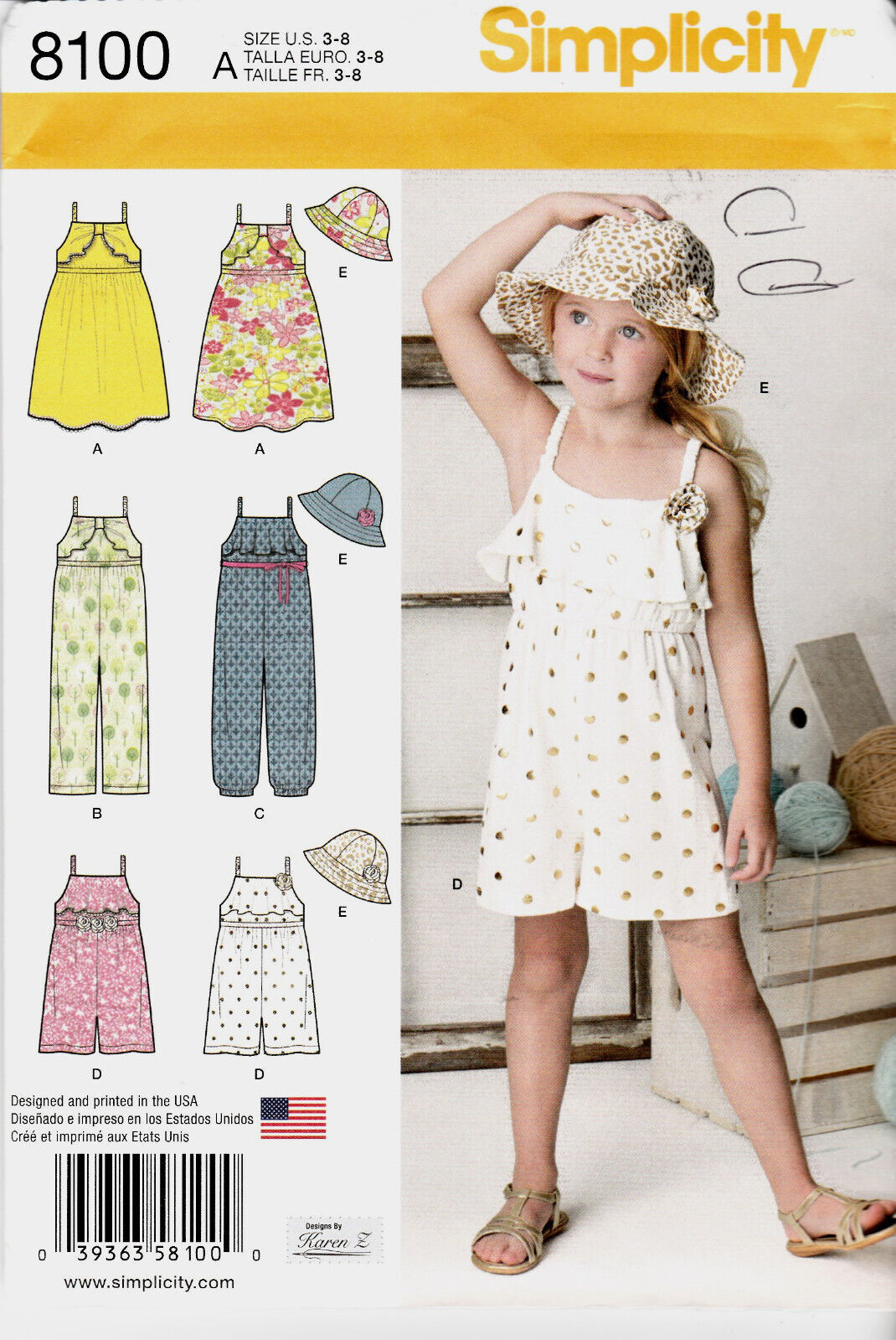Simplicity Pattern 8100 Childs' Jumpsuit, Romper Sundress Hat Size 3-8 NEW Uncut - $5.94
