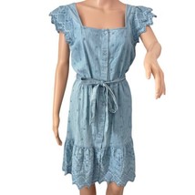 Old Navy Tiered Ruffle Dress S Cotton Eyelet Tie Waist Blue Square Neck ... - £19.32 GBP