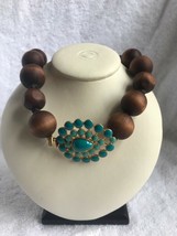 Vintage Large  Wood  bead Necklace turquoise color pendant  BOHO 23 inch brown - £59.59 GBP