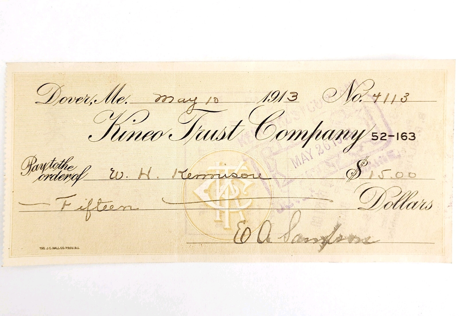 1913 Kineo Trust Company Bank Check E.A. Sampson Dover Maine Signed 4113 CHX5 Item image 2