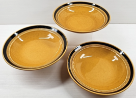 3 Kasuga Tahiti Soup Bowls Set Vintage Fujistone Yellow Brown Embossed R... - $33.63