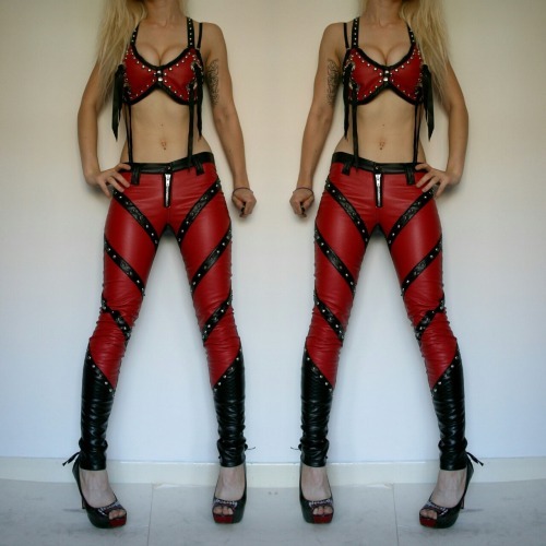 Women Slim Fit Red And Black Silver Studded Zipper Genuine Leather Pants