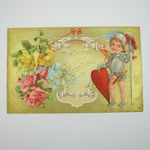 Postcard Birthday Greeting Antique Boy Knight in Armor Pink Yellow Rose UNPOSTED - £7.98 GBP