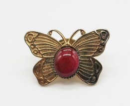 Vtg antiqued gold tone butterfly brooch pin red stone cabochon center - $19.99