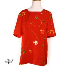 Vintage Maren Blouse Top Vibrant Flowers on a Red Background Size Med  -... - £21.90 GBP