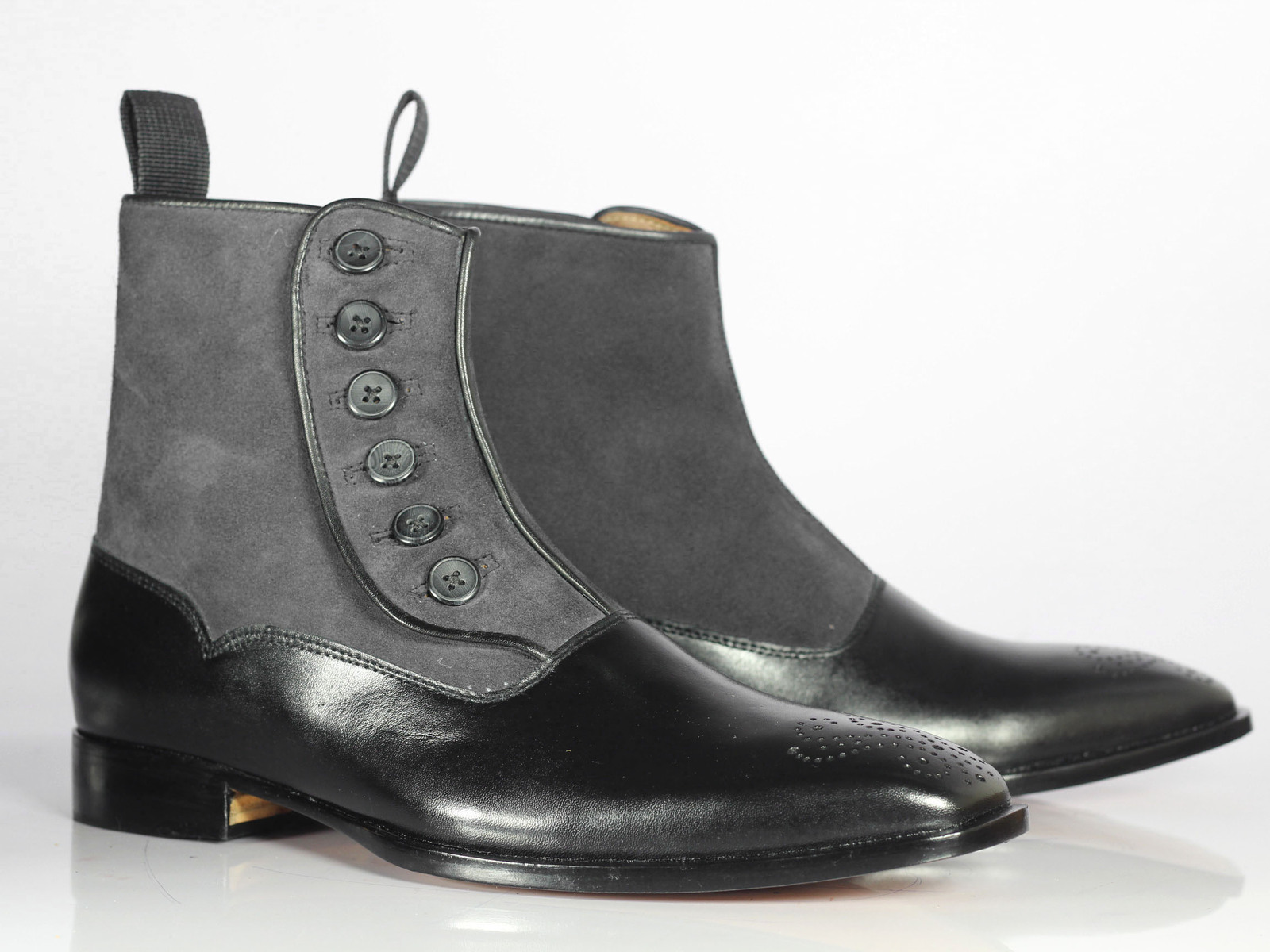 Handmade Men Black Leather Gray Suede Brogue Toe Ankle Boots, Men Designer Boots