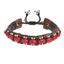 Vintage Red Howlite Turquoise Rolls Leather Pull Slide Bracelet Bohemian - £8.67 GBP