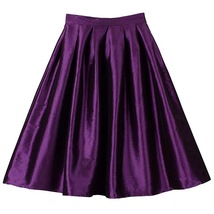 Dark Blue Glossy A Line Pleated Skirt Outfit Women Plus Size Taffeta Midi Skirt image 4