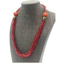 Vtg Multi-strand Red Seed Bead Necklace 20” Silver Tone Orange Beads A31 - £13.28 GBP