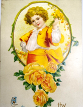 Valentine Postcard Victorian Child Yellow Roses Vintage Embossed Germany Unused - £8.17 GBP