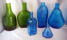 Lot (6) WHEATON Blue/Green Glass Bottles:  Dr. Fisch&#39;s, Horse Shoe, Root Bitters - £23.04 GBP