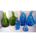 Lot (6) WHEATON Blue/Green Glass Bottles:  Dr. Fisch&#39;s, Horse Shoe, Root... - £23.42 GBP