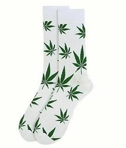 Parquet Men&#39;s Crew Novelty Socks Marijuana Leaf Shoe Size 6-12.5 White W Green - £9.16 GBP