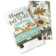 Happy Fall Y&#39;all Kitchen Towels Autumn Leaves Pumpkin Blue Retro Truck Set of 2 - £12.59 GBP
