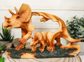 Jurassic Dinosaur 3 Horns Triceratops Father and Baby Faux Wood Cutout Figurine - £27.96 GBP