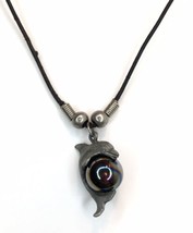 Dolphin Pendant Necklace Black Cord Round Pearlescent  Bead Silver Tone - £7.94 GBP