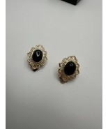 Vintage Gold Over Sterling Silver Onyx Clip Earrings 2.2cm - $19.01
