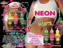 NEON BODY PLAY PAINTS 3 PACK GLOW IN THE DARK ULTRAVIOLET PENS NOVELTY - £13.80 GBP