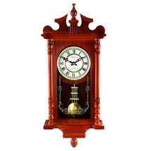 Bedford Collection 25&quot; Wall Clock w Pendulum &amp; Chime in Dark Redwood Oak Finish - £97.19 GBP