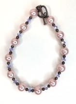 Dainty Pink &amp; Lavender Beaded Bracelet with Sterling Silver Heart Toggle... - £14.26 GBP