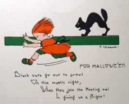 Halloween Postcard Girl Run From Black Cat Weaver Series 2399 Fantasy Original - £32.27 GBP