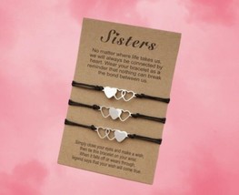Set Of 3 Sister Bracelets - Silver Hearts On A Black Rope Adjustable Chain - £9.67 GBP