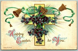 Happy Easter To You Violets Cross Bells Gilt Embossed Wessler DB Postcard F8 - £2.30 GBP
