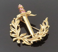 14K GOLD - Vintage Leaf Wreath With Ruby Sword Brooch Pin - GB186 - $1,073.88