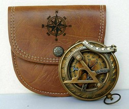 Nautical brass sundial pocket compass with leather case vintage x-mas gift. - £41.71 GBP