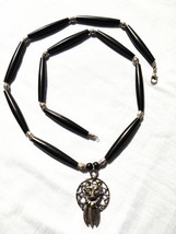 Wolf Head Dream Catcher On Black Buffalo Bone Hair Pipe Beads 28&quot; Necklace - £15.97 GBP
