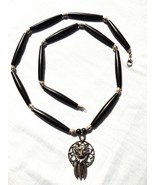 WOLF HEAD DREAM CATCHER ON BLACK BUFFALO BONE HAIR PIPE BEADS 28&quot; NECKLACE - £15.68 GBP