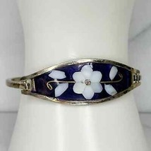 Vintage Silver Tone Mother of Pearl Shell Flower Inlay Hinge Bangle Brac... - £19.77 GBP