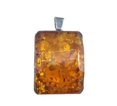 Vintage Sterling Silver Chunky Amber Stone Square Shape Cabochon Pendant Brooch - $94.05