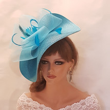 Turquoise Blue Fascinator Large Saucerhatinator Feather Hat Church Derby Ascot R - £75.70 GBP