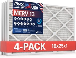 BNX 16x25x1 MERV 13 Air Filter 4 Pack - MADE IN USA - Electrostatic, Smoke - £44.02 GBP