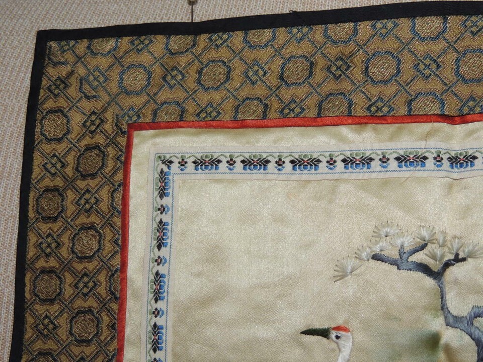 Chinese Silk Embroidery 12" Panel Tapestry Brocade Frame crane Vintage / Antique Item image 2