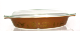 Vintage Pyrex Brown Gold Early American Divided Casserole Dish Clear Lid 1.5 QT. - £21.58 GBP