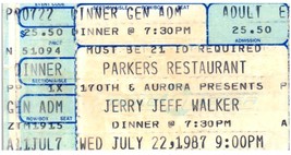 Vintage Jerry Jeff Walker Ticket Stub July 27 1987 Parker&#39;s Restaurant S... - £19.46 GBP
