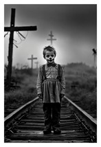 Creepy Child Clown On Railroad Tracks Halloween 4X6 B&amp;W Photo - £6.31 GBP
