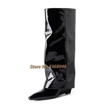 Leather Knee High Boots Height Increase Sexy Pointed Toe Polish Patent Leather F - £178.46 GBP