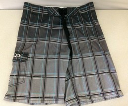 Brody Men&#39;s Gray Blue Plaid Front Tie Board Shorts Swim Shorts Size 32 - £7.03 GBP