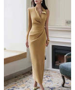 Solid Slimming V Neck Long Sleeve High Waist Long Dress - €143,62 EUR