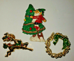 Vintage Holiday Christmas Tree&Elf, Avon Reindeer Gold Tone Wreath Lot of 3 Pins - $25.99