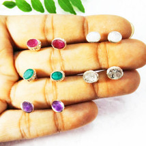925 Sterling Silver 5 Pairs Stud Earrings Handmade Gemstone Jewelry Gift For Her - £34.65 GBP