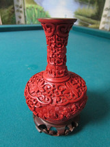 Antique Cinnabar Vase In Wooden Vase Metal Inside - £97.47 GBP